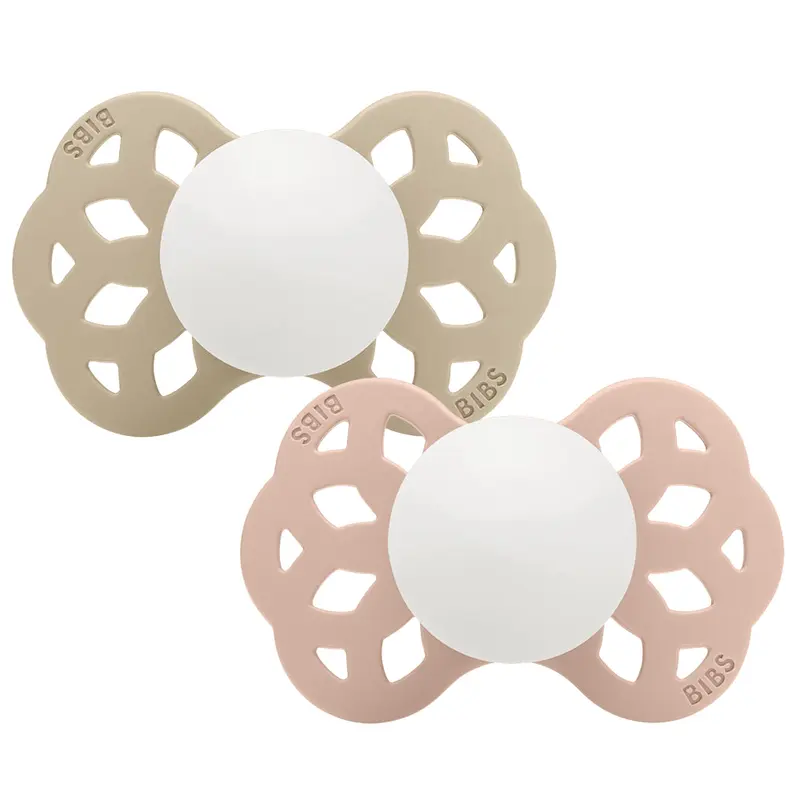 BIBS Glow in the Dark Infinity Pacifier Pack of 2  Anatomical Silicone Size 1 Vanilla Glow/Blush Glow