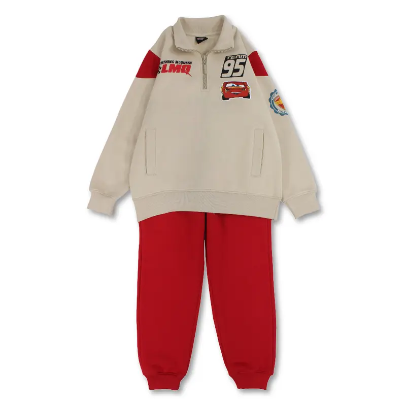 Boys Cotton Pajama Set  Beige & Red with Cars Team 95 Print