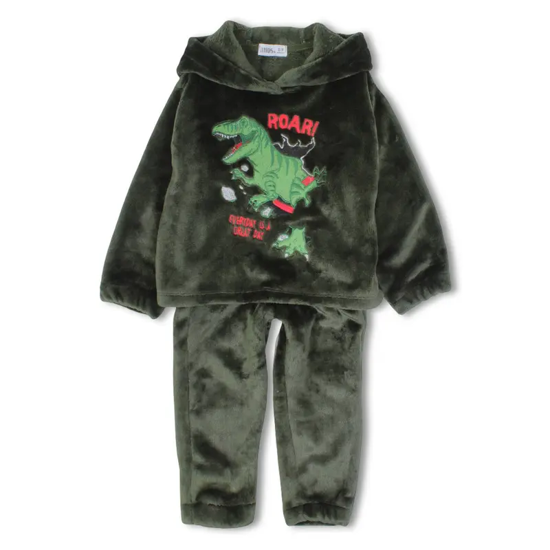Boys Velvet Hooded Pajama Set  Dark Green with Roar! Dinosaur Design