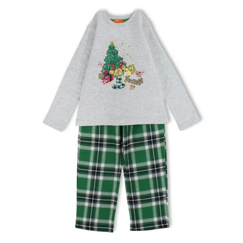 Girls Cotton 2-Piece Outfit Set  Grey with Christmas Tree Print