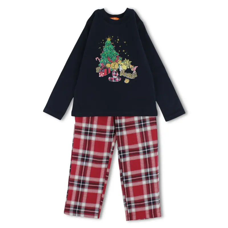 Girls Cotton 2-Piece Outfit Set  Navy with Christmas Tree Print