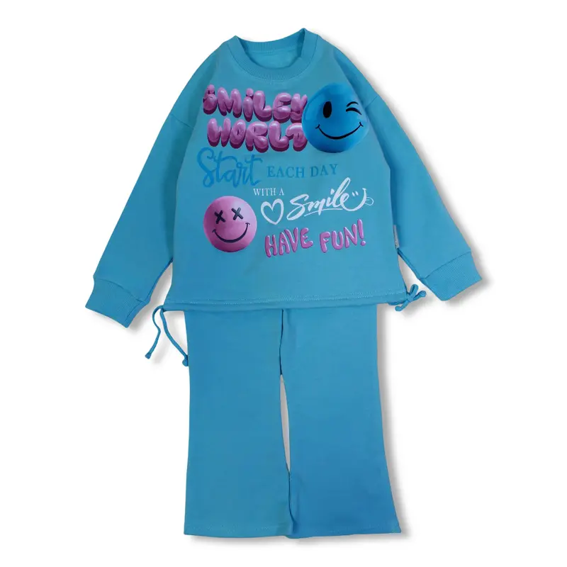 Girls Cotton Pajama Set  Aqua with Smiley World Print