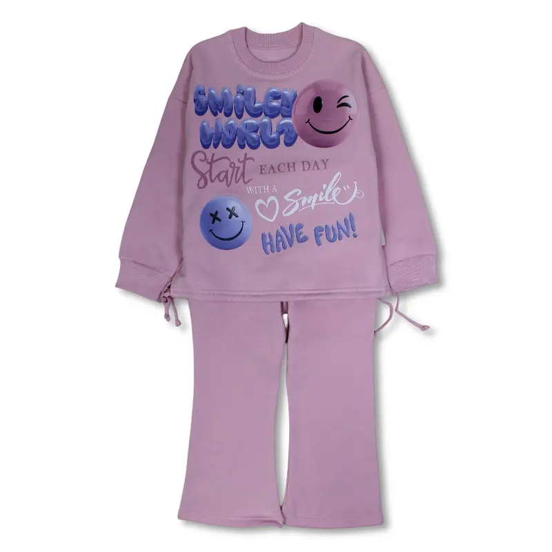 Girls Cotton Pajama Set  Pink with Smiley World Print
