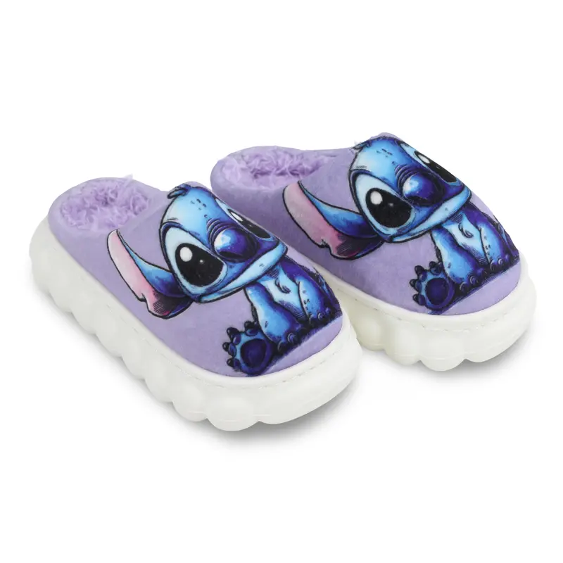 Girls Fur Slippers  Purple with Stitch Design