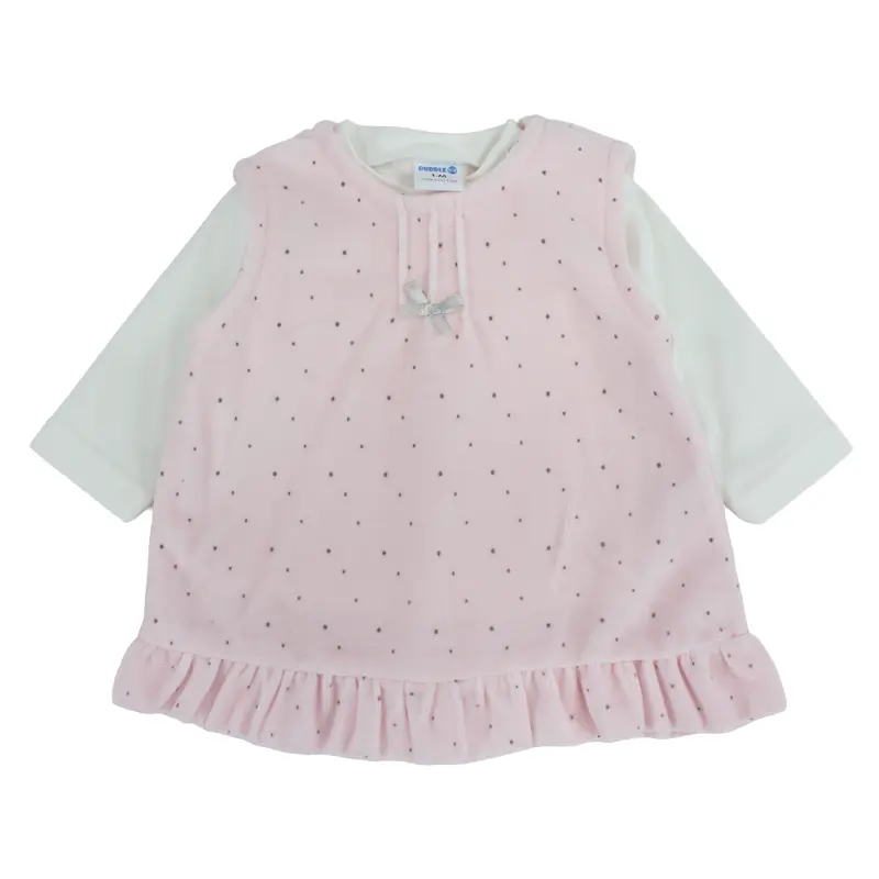 Baby Girls Velvet Dress  Pink with Dots Print