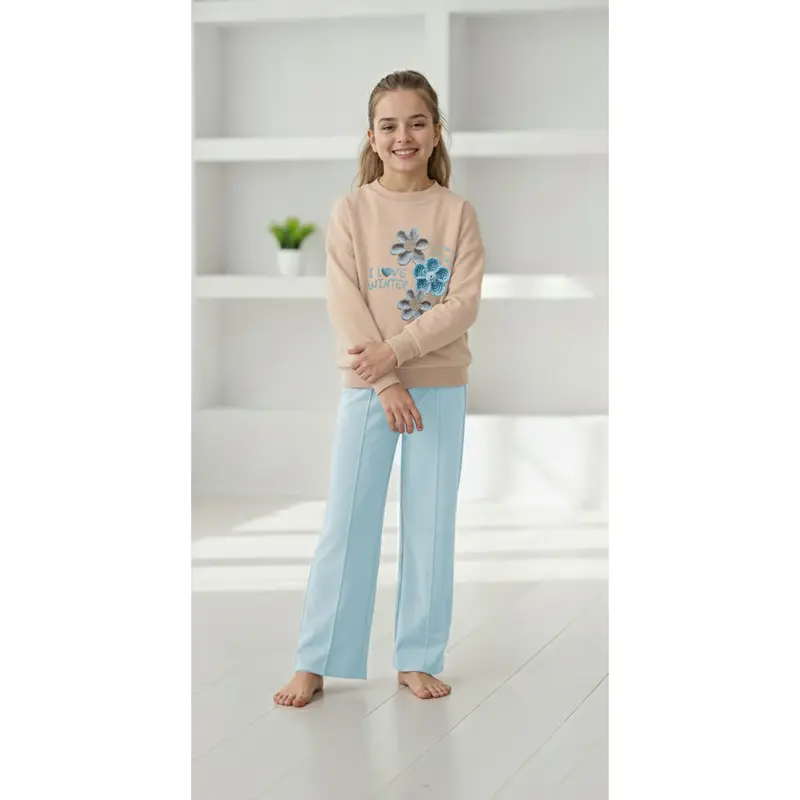 Girls Cotton Pajama Set  Beige/Aqua with I Love Winter Flowers Design