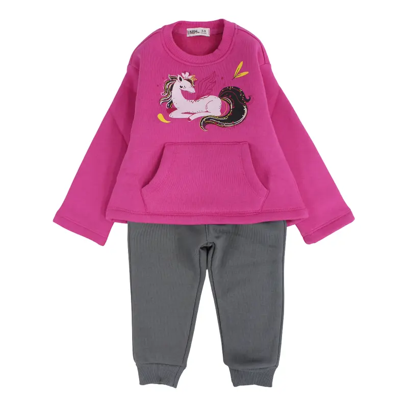 Girls Cotton Pajama Set  Fuchsia with Unicorn Embroidery