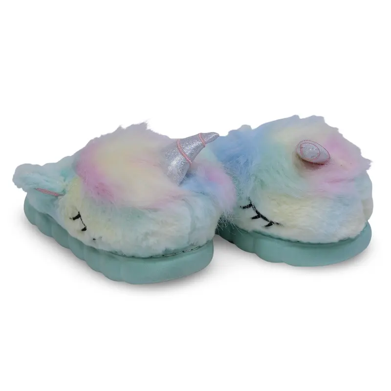 Girls Fur Slippers  Aqua with Unicorn Design