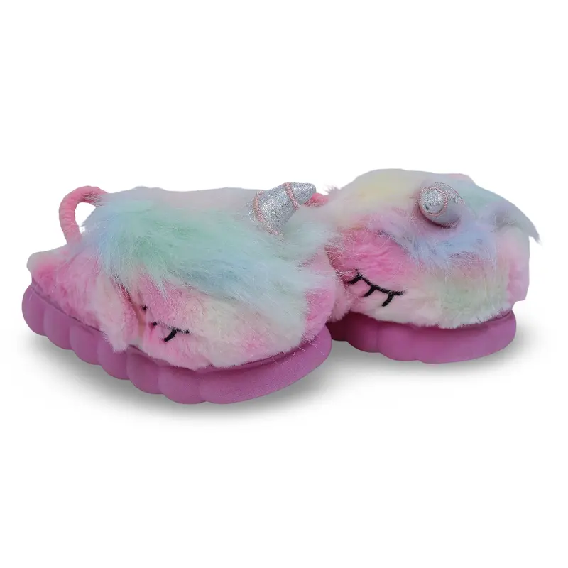 Girls Fur Slippers  Pink with Unicorn Design