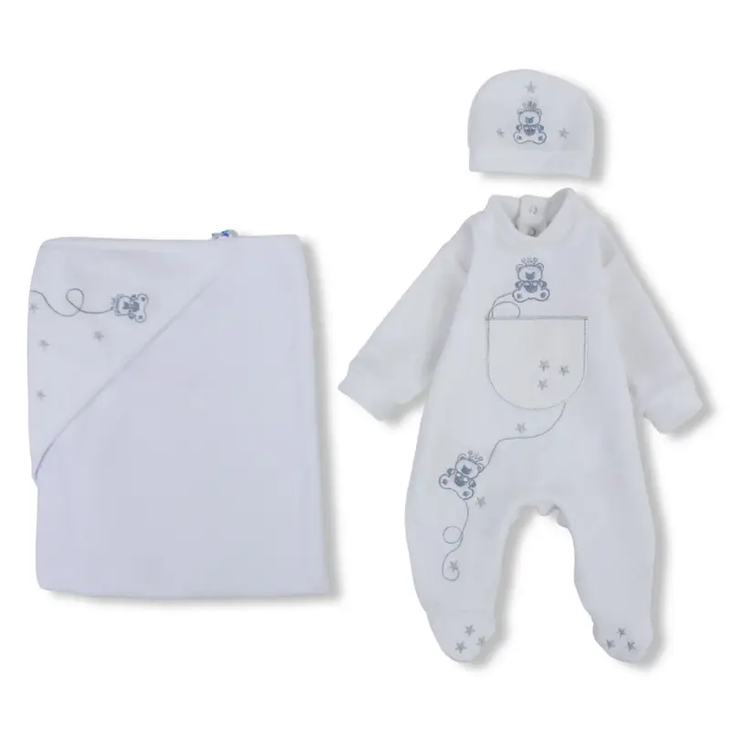 Baby Boys Baby Footie with a Beanie & Baby Blanket   White with Bear Design