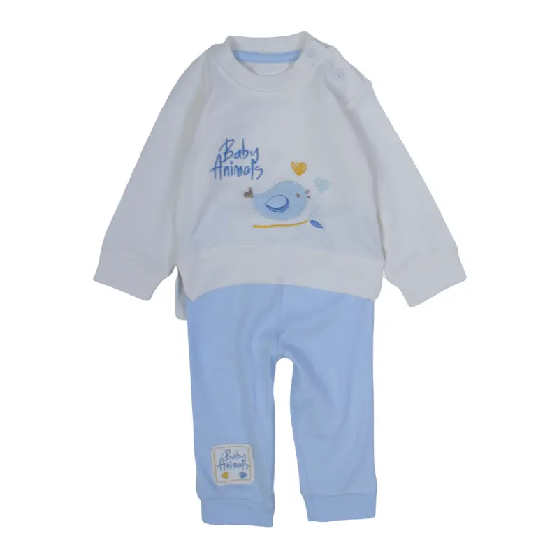 Baby Boys Cotton Pajama Set  Off-White & Baby Blue with Bird Embroidery