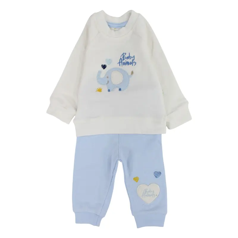Baby Boys Cotton Pajama Set  Off-White/Babyblue with Elephant Design