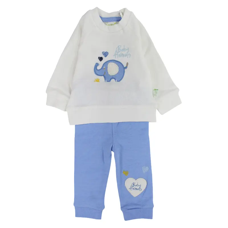 Baby Boys Cotton Pajama Set  Off-White/Blue with Elephant Design