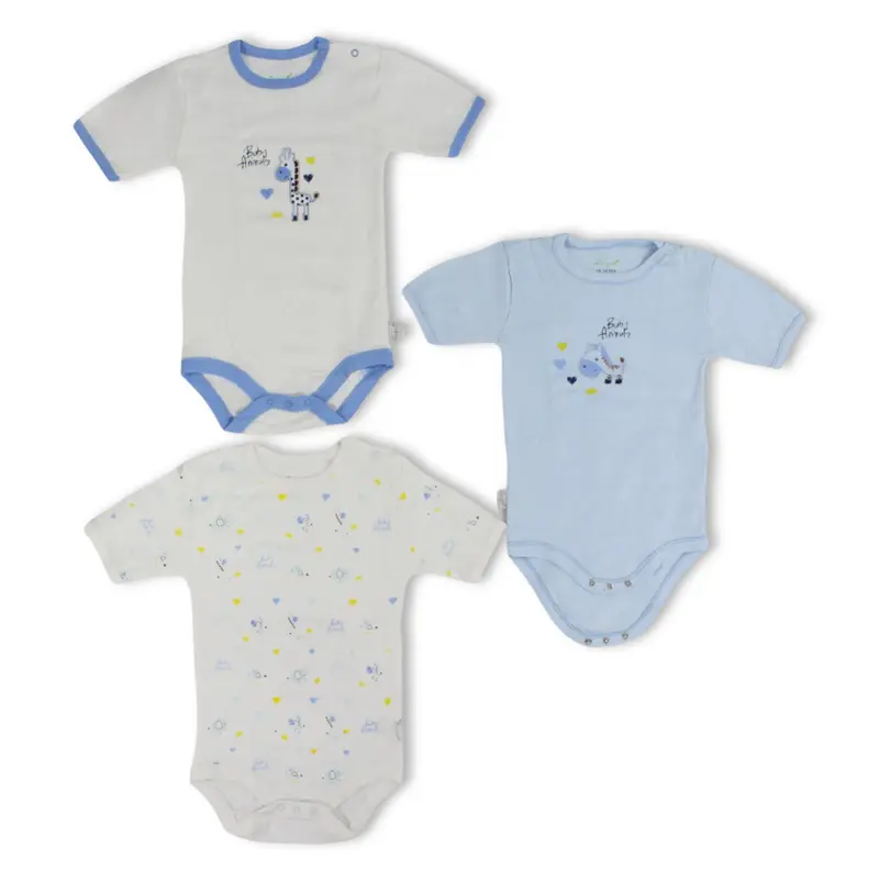 Baby Boys Cotton Short-Sleeved Underwear Bodysuits  Multicolor with Giraffe Design (Pack of 3)
