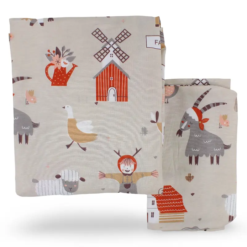 Cotton Bed Sheet  Beige with Farm Print