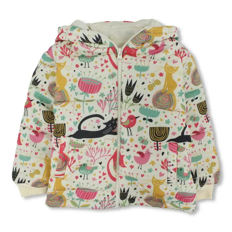 Girls Waterproof Jacket - Off-white with Cat & Bird Print