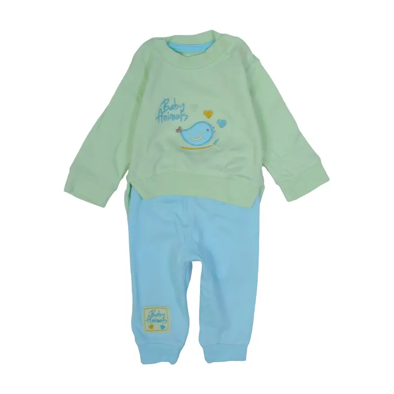 Unisex Baby Cotton Pajama Set  Mint & Baby Blue with Bird Embroidery