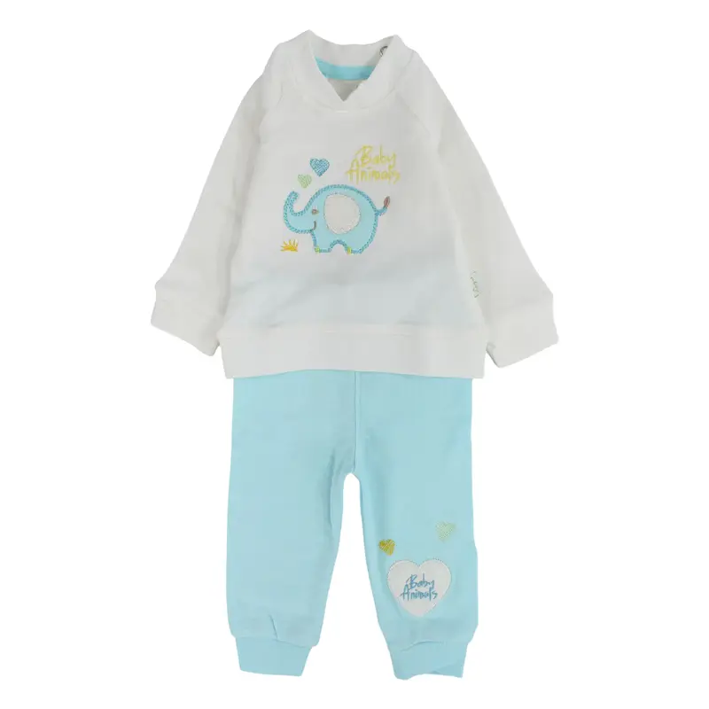 Unisex Baby Cotton Pajama Set  Off-White/Aqua with Elephant Design