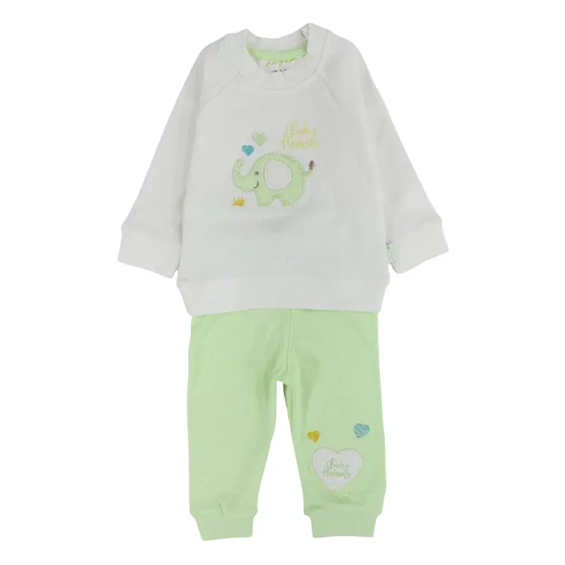 Unisex Baby Cotton Pajama Set  Off-White/Mint with Elephant Design