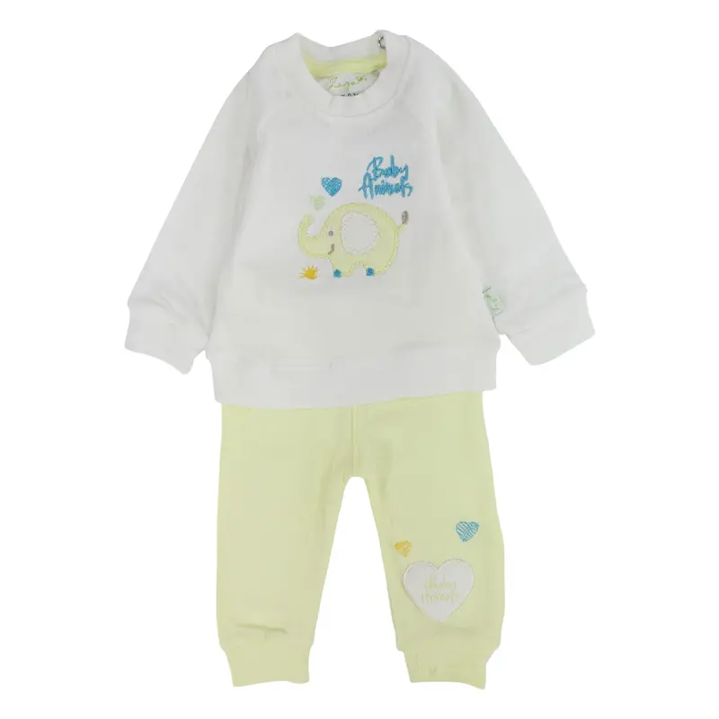 Unisex Baby Cotton Pajama Set  Off-White/Yellow with Elephant Design
