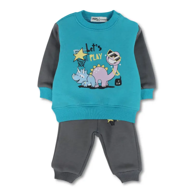 Unisex Baby Cotton Pajama Set  Turquoise/Grey with Dinosaur Print