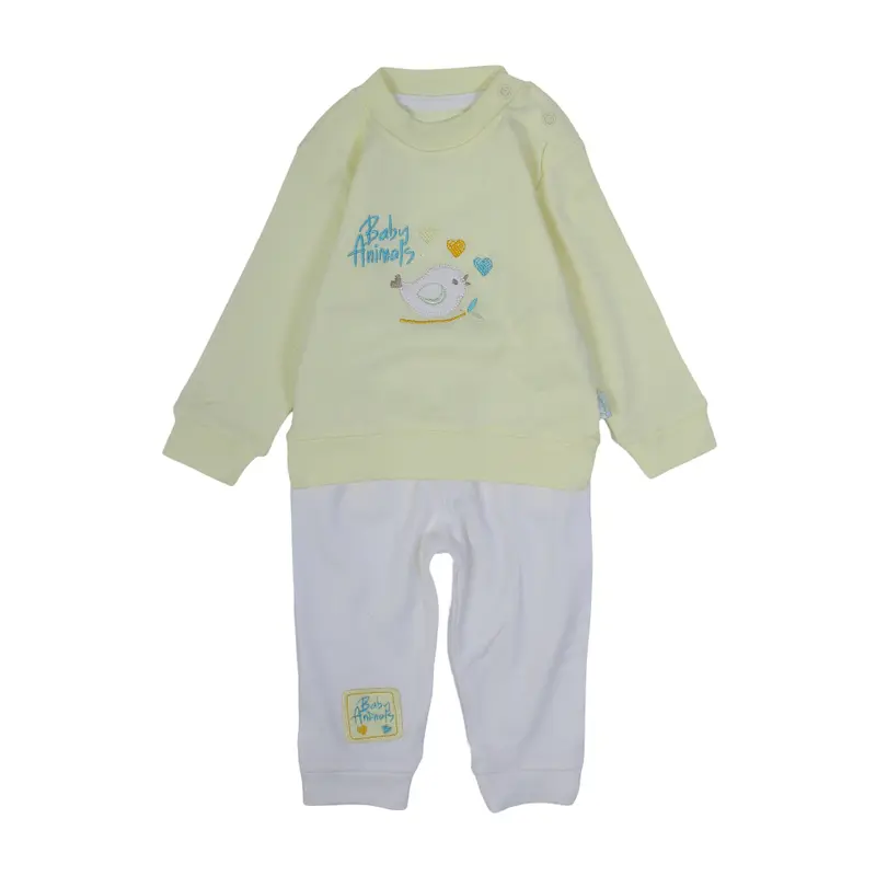 Unisex Baby Cotton Pajama Set  Yellow with Bird Embroidery