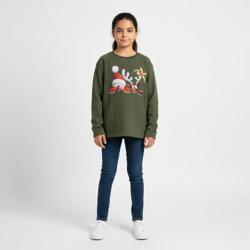 Unisex Cotton T-Shirt  Olive with Santa & Reindeer Print