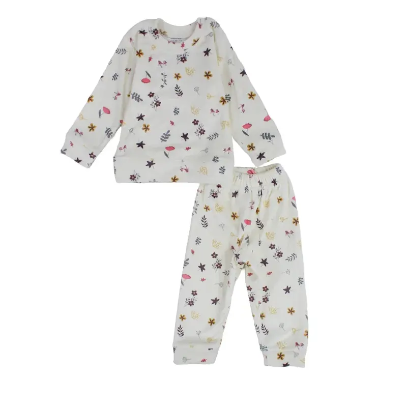 Baby Girls Velvet Thermal Set  Off-White with Flowers Print