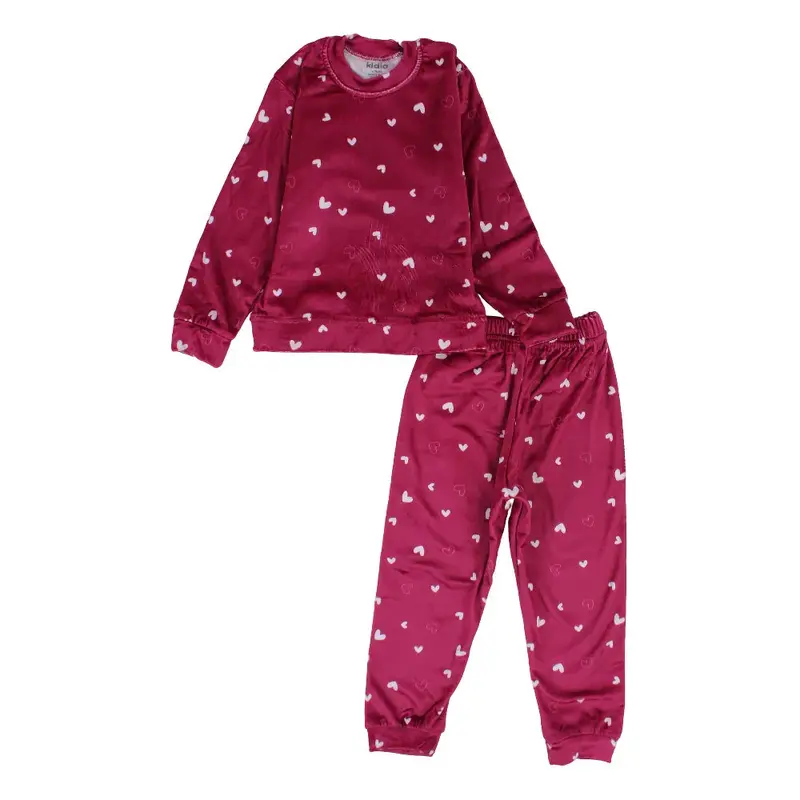 Girls Velvet Thermal Set - Maroon with Hearts Print