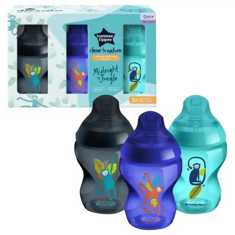 Tommee Tippee Midnight Jungle Blue  Natural Start Anti-Colic Baby Bottles 3X260ml