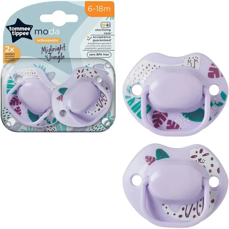 Tommee Tippee Moda Soothers, Symmetrical Orthodontic Design, 6-18m-Purple