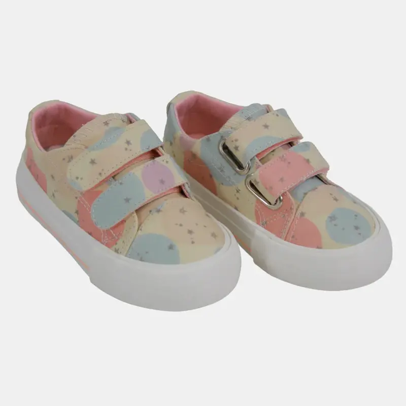 Girls' Leather Sneakers  Beige with Circle Design