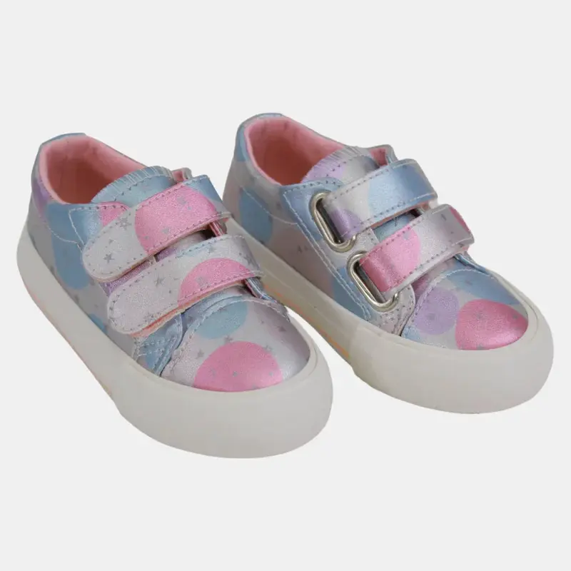 Girls' Leather Sneakers  Silver with Circle Design
