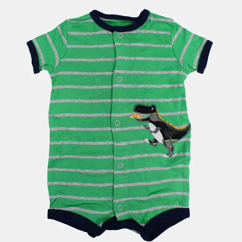 Baby Boys Cotton Romper  Green Striped with Dinosaur Print