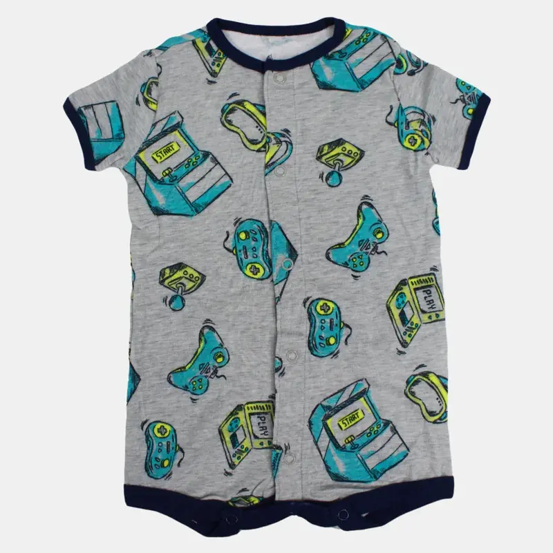 Baby Boys Cotton Romper  Grey with Arcade Games Print