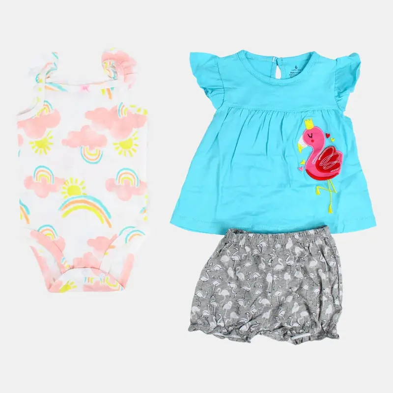 Baby Girls Aqua Flamingo-Themed 3-Piece Cotton Outfit Set