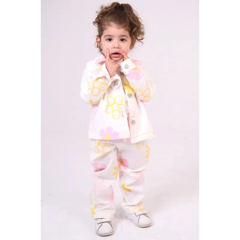 Baby Girls Gabardine Pants  Offwhite with Flowers