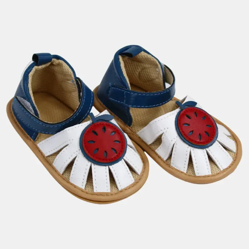 Baby Girls Leather Sandals  White & Navy with Apple Design