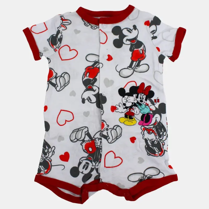 Baby Girls Short-Sleeved Cotton Romper  White with Mickey Mouse Print