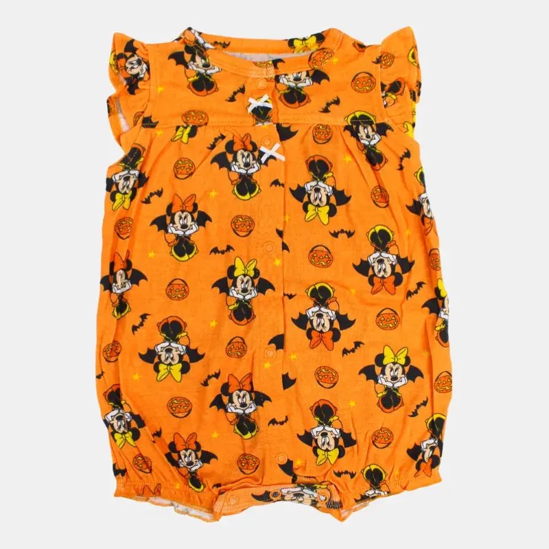 Baby Girls Sleeveless Cotton Romper  Orange with Minnie Mouse Print