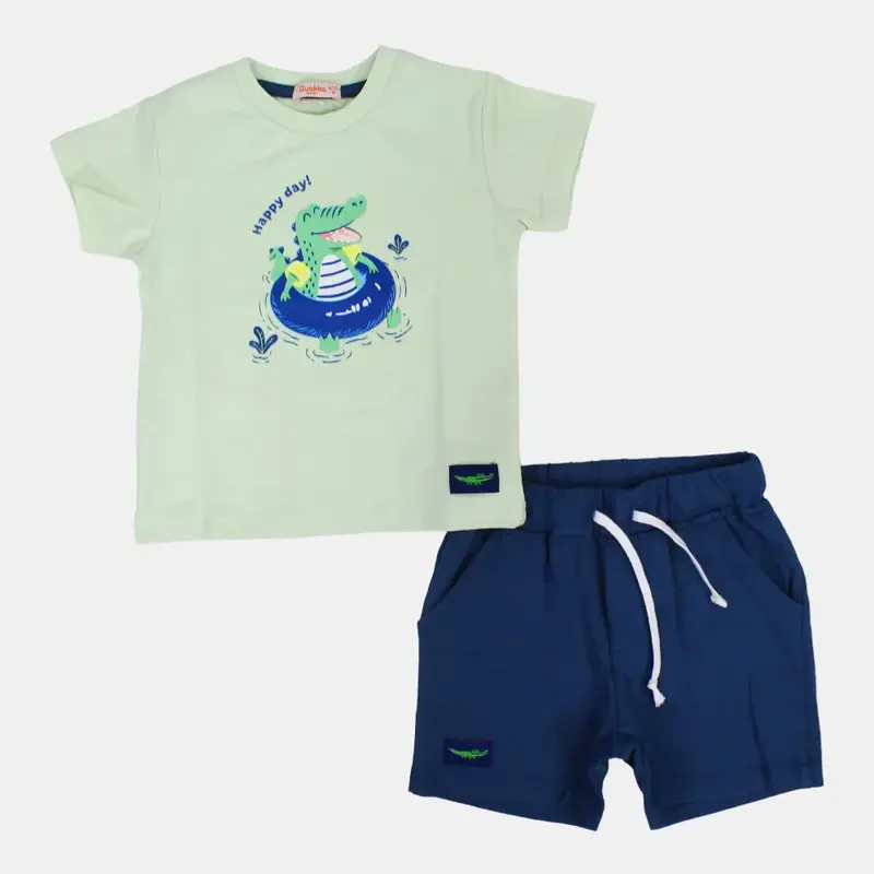 Boys Short-Sleeved 2-Piece Cotton Outfit Set  Happy Crocodile Design