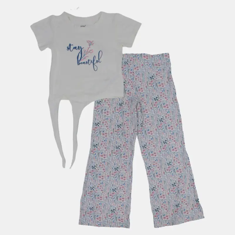 Girls Short-Sleeved Cotton Pajama Set  Off-White with Floral Design