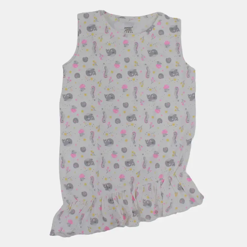 Girls Sleeveless Cotton Nightgown  Off-White (Under the Sea Theme)