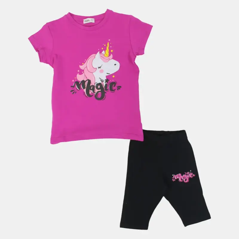 Girls Cotton Pajama Set  Fuchsia with "Magic" Unicorn Design