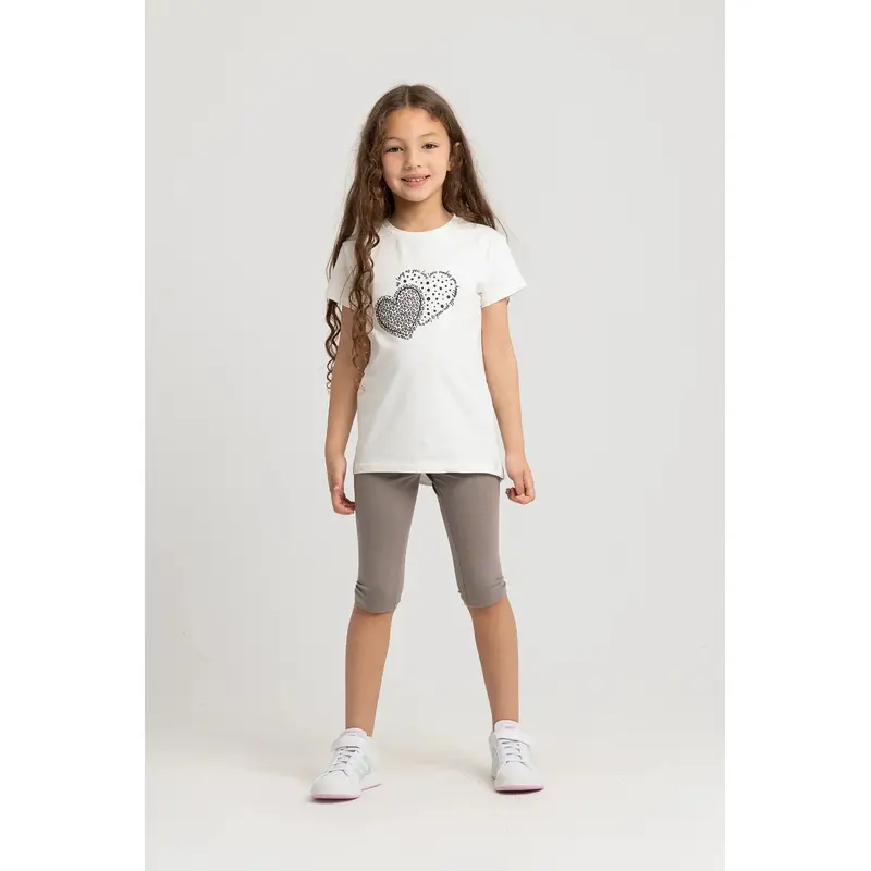 Girls Cotton Pajama Set  Off-white with Two Hearts Design