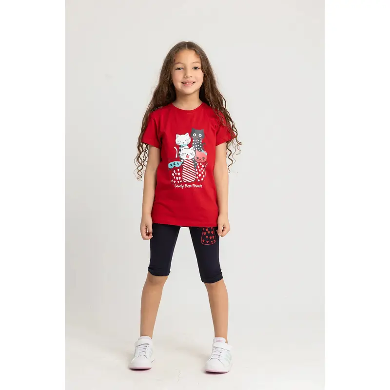 Girls Cotton Pajama Set  Red "Lovely Best Friends" Kittens Print