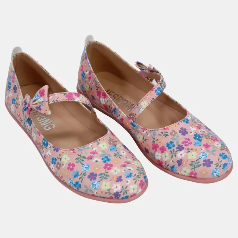 Girls Leather Shoes  Blush with Floral Details