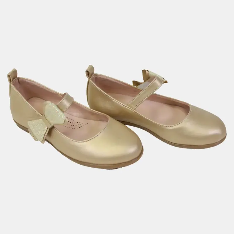 Girls Leather Shoes  Gold with a Bow