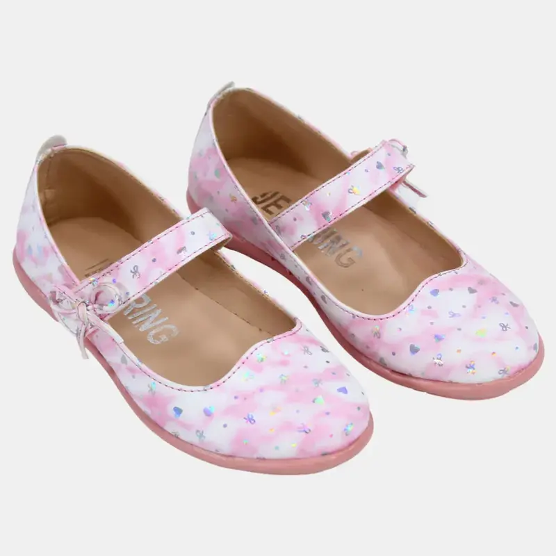 Girls Leather Shoes  Pink with Heart Details