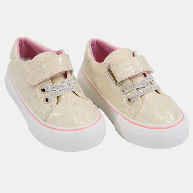 Kids Girls Leather Sneakers  Shiny Beige